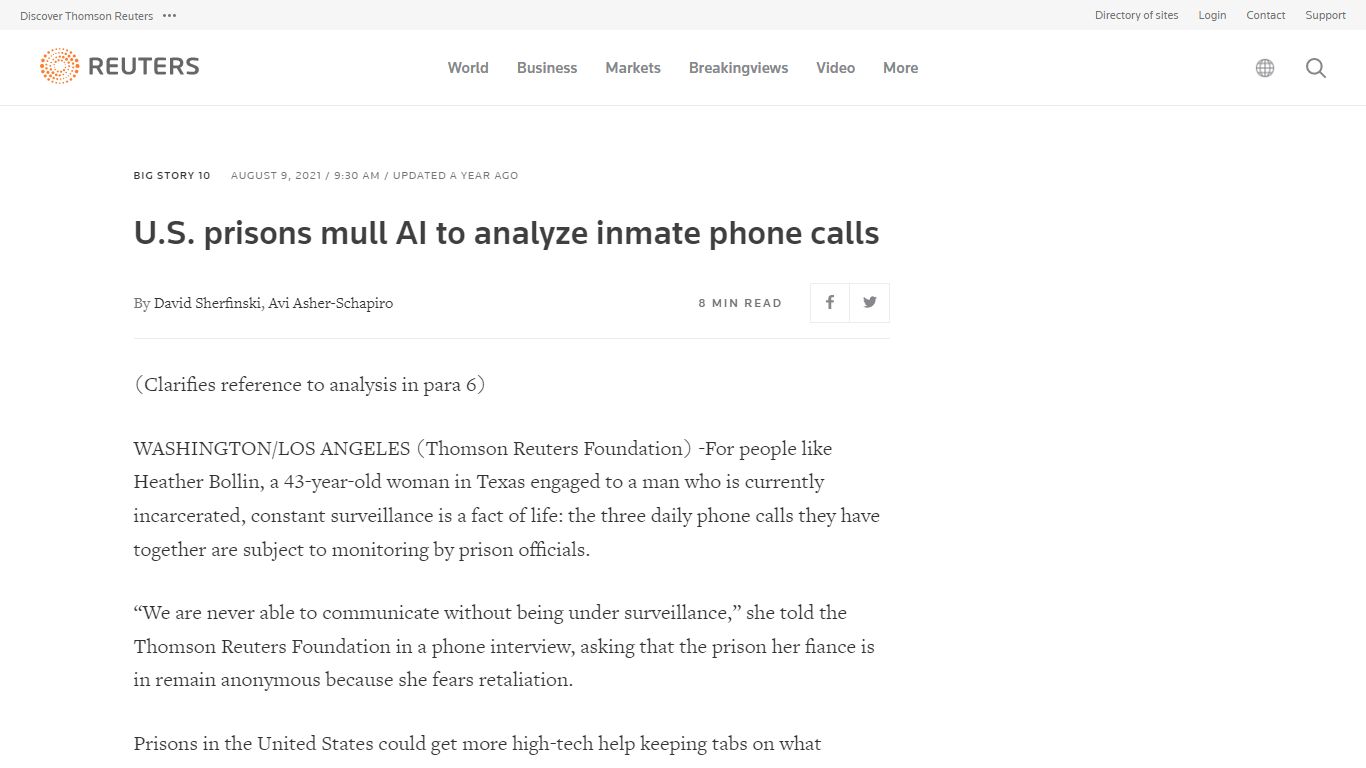 U.S. prisons mull AI to analyze inmate phone calls | Reuters